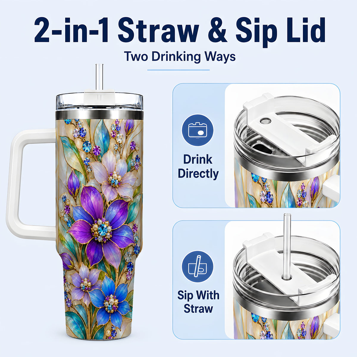 #pl[40oz|White] Purple Floral 40oz Tumbler with Handle, Jeweled Stainless Steel Travel Cup