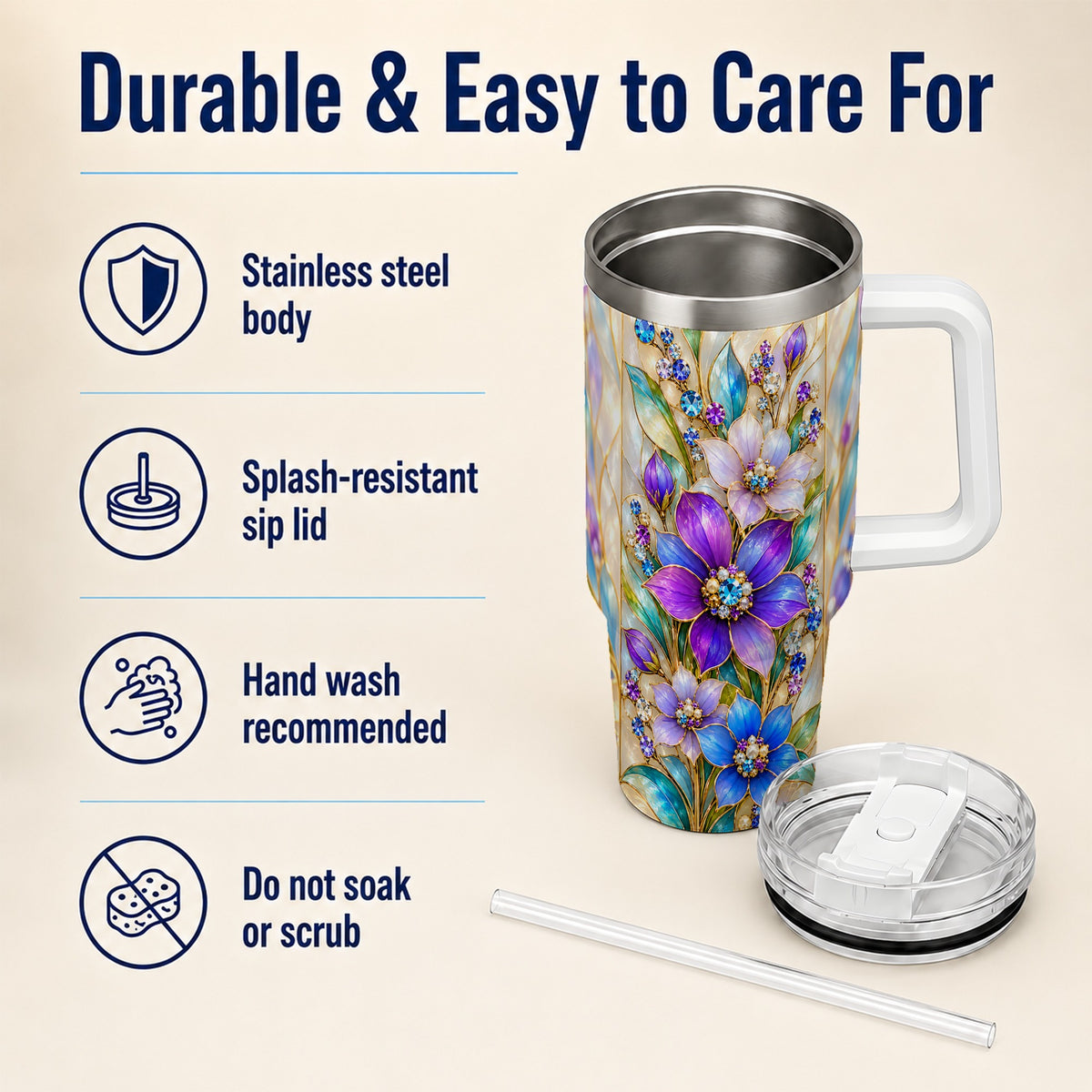 Purple Floral 40oz Tumbler with Handle, Jeweled Stainless Steel Travel Cup