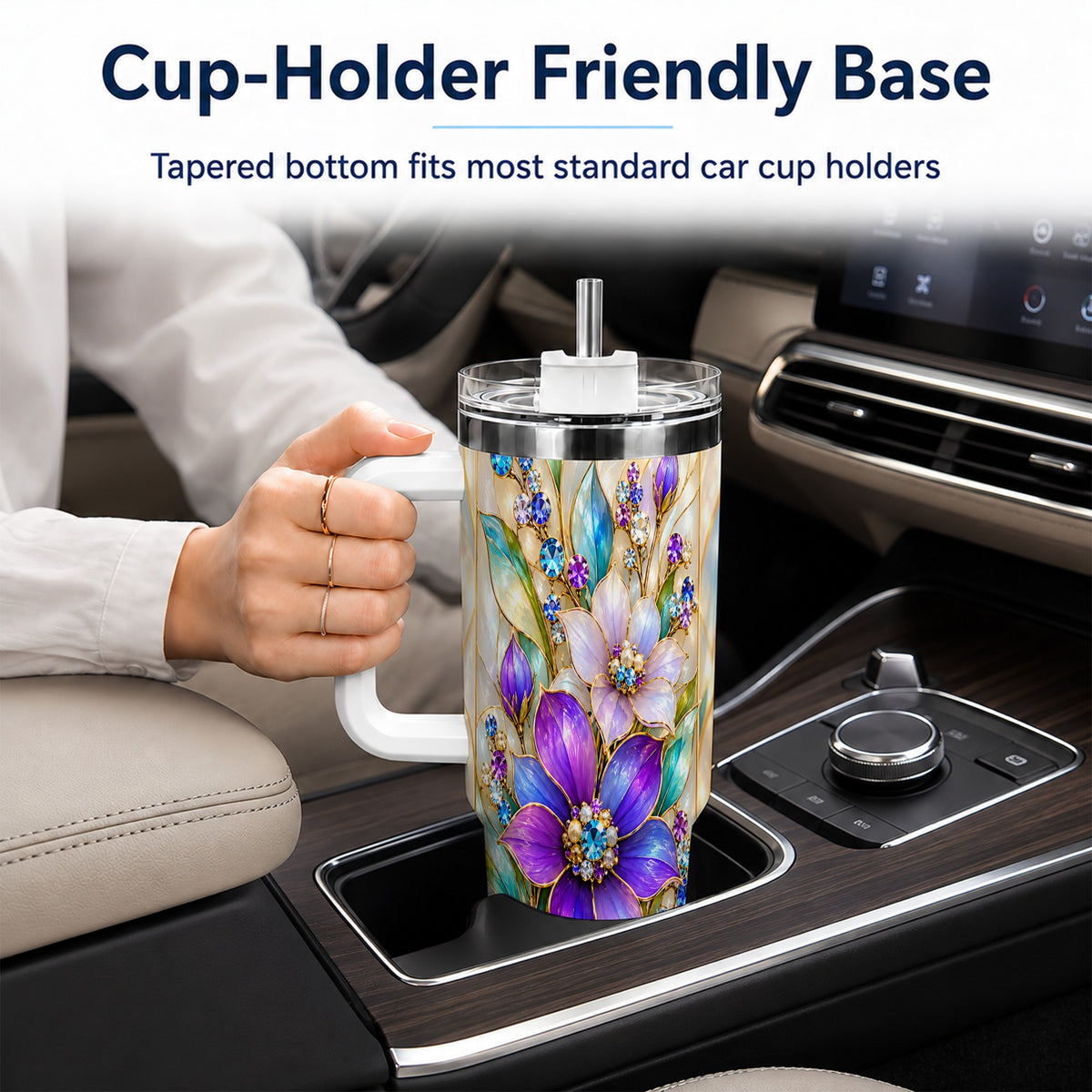 Purple Floral 40oz Tumbler with Handle, Jeweled Stainless Steel Travel Cup