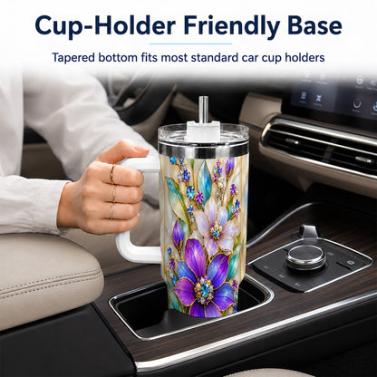 Purple Floral 40oz Tumbler with Handle, Jeweled Stainless Steel Travel Cup
