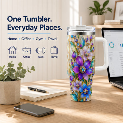 Purple Floral 40oz Tumbler with Handle, Jeweled Stainless Steel Travel Cup