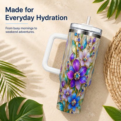 Purple Floral 40oz Tumbler with Handle, Jeweled Stainless Steel Travel Cup