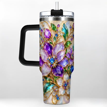 #pl[40oz|Black] Gemstone Floral 40oz Tumbler with Handle, Jeweled Flower Travel Cup