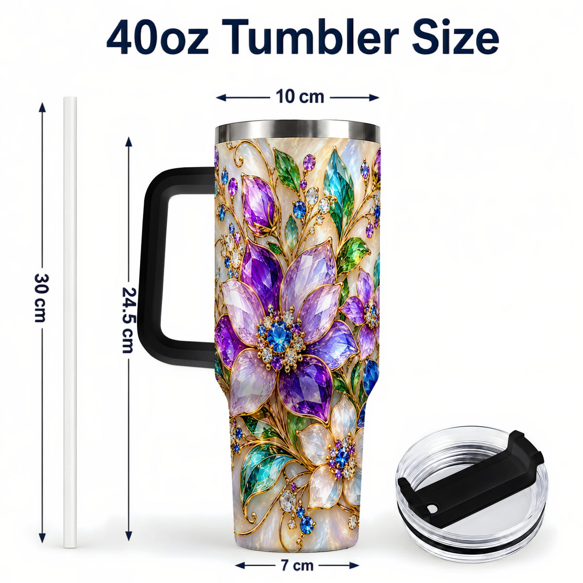 #pl[40oz|Black] Gemstone Floral 40oz Tumbler with Handle, Jeweled Flower Travel Cup