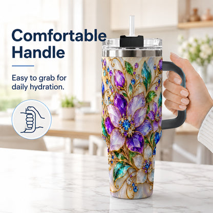 #pl[40oz|Black] Gemstone Floral 40oz Tumbler with Handle, Jeweled Flower Travel Cup