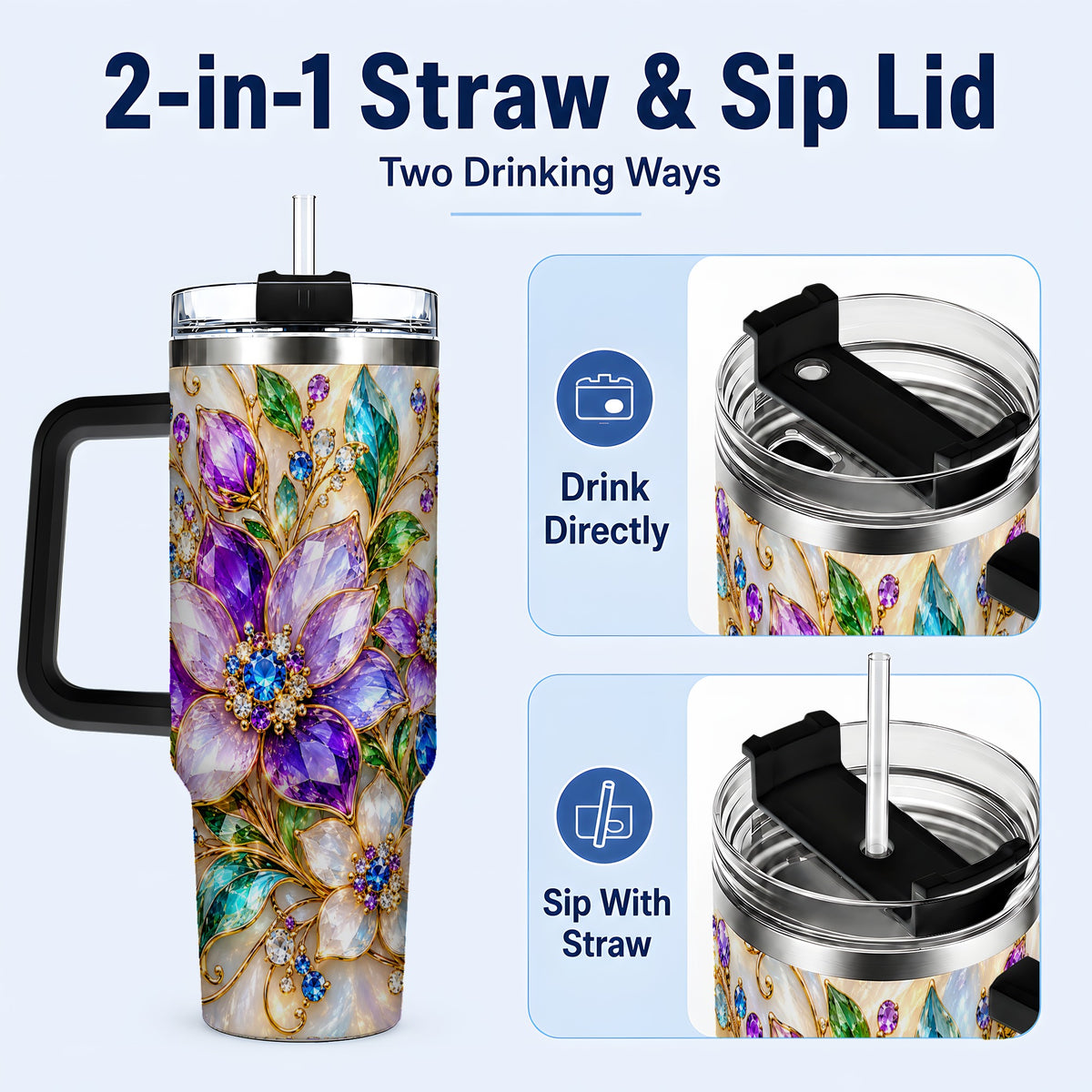 #pl[40oz|Black] Gemstone Floral 40oz Tumbler with Handle, Jeweled Flower Travel Cup
