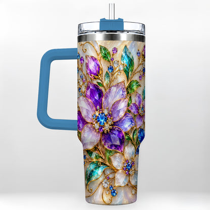#pl[40oz|Blue] Gemstone Floral 40oz Tumbler with Handle, Jeweled Flower Travel Cup