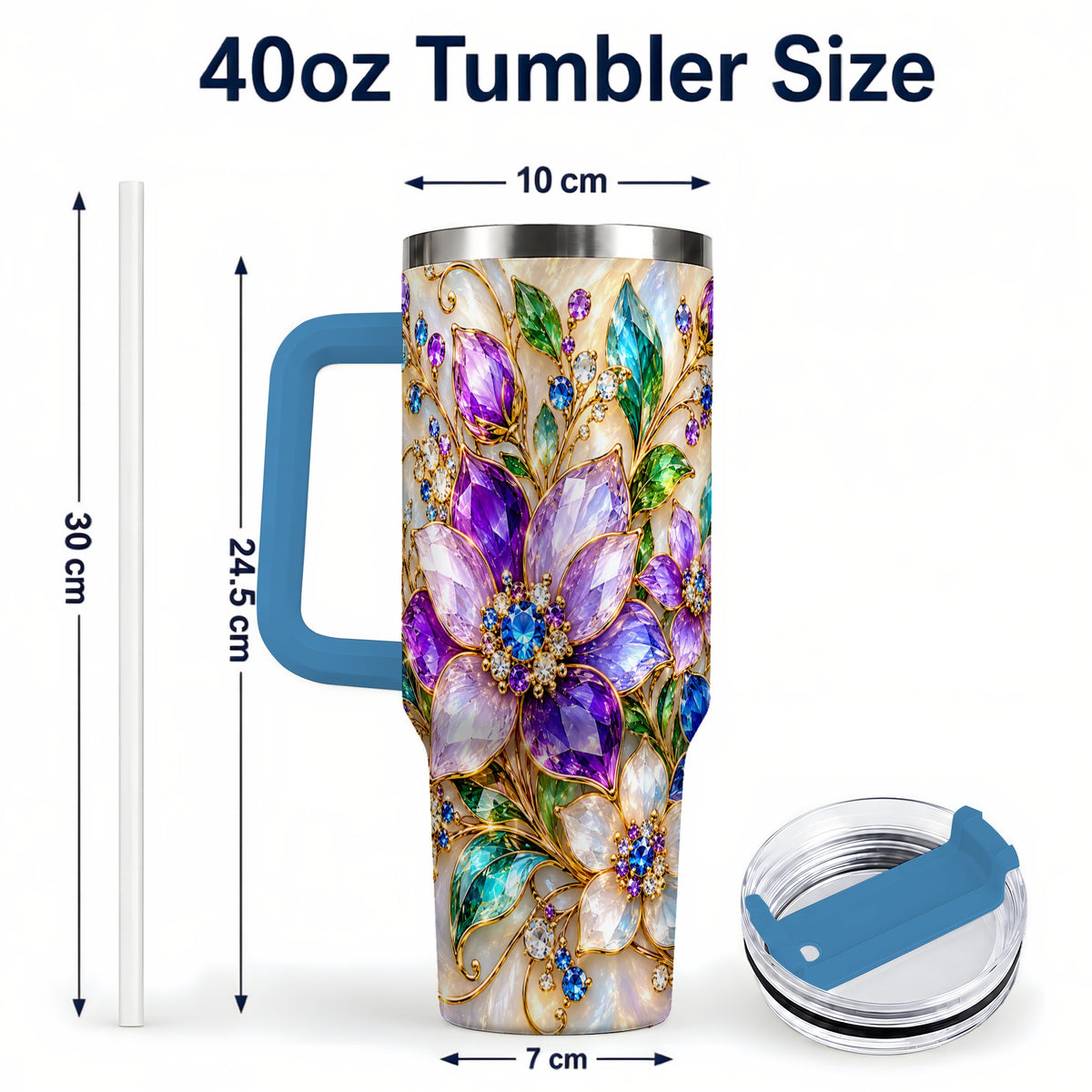 #pl[40oz|Blue] Gemstone Floral 40oz Tumbler with Handle, Jeweled Flower Travel Cup