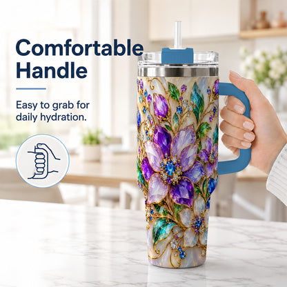 #pl[40oz|Blue] Gemstone Floral 40oz Tumbler with Handle, Jeweled Flower Travel Cup