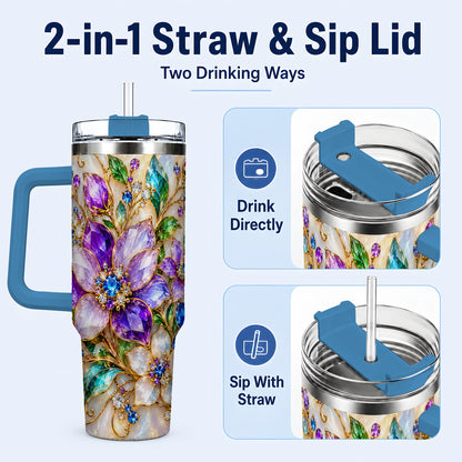 #pl[40oz|Blue] Gemstone Floral 40oz Tumbler with Handle, Jeweled Flower Travel Cup