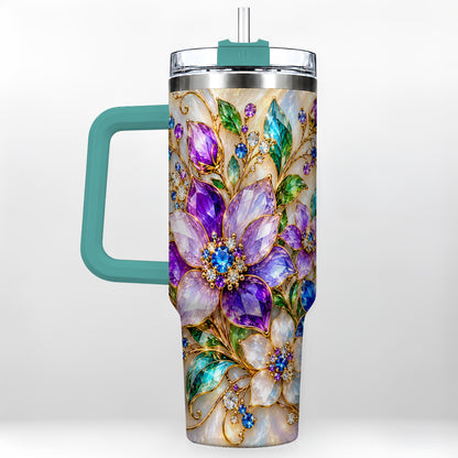 #pl[40oz|Green] Gemstone Floral 40oz Tumbler with Handle, Jeweled Flower Travel Cup
