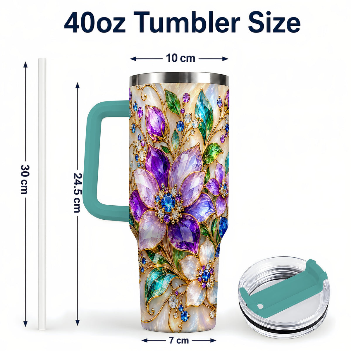 #pl[40oz|Green] Gemstone Floral 40oz Tumbler with Handle, Jeweled Flower Travel Cup