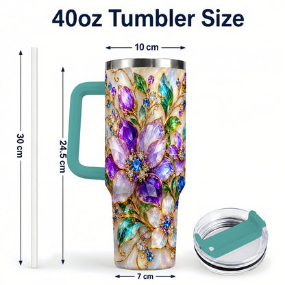 #pl[40oz|Green] Gemstone Floral 40oz Tumbler with Handle, Jeweled Flower Travel Cup