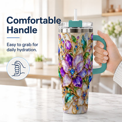 #pl[40oz|Green] Gemstone Floral 40oz Tumbler with Handle, Jeweled Flower Travel Cup