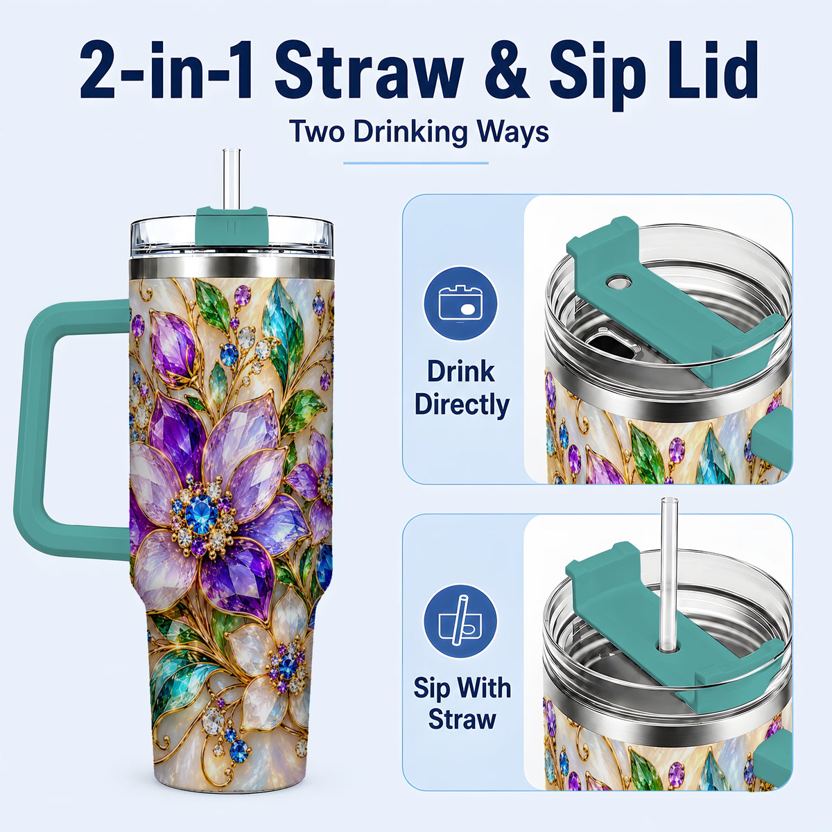 #pl[40oz|Green] Gemstone Floral 40oz Tumbler with Handle, Jeweled Flower Travel Cup