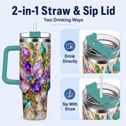 #pl[40oz|Green] Gemstone Floral 40oz Tumbler with Handle, Jeweled Flower Travel Cup