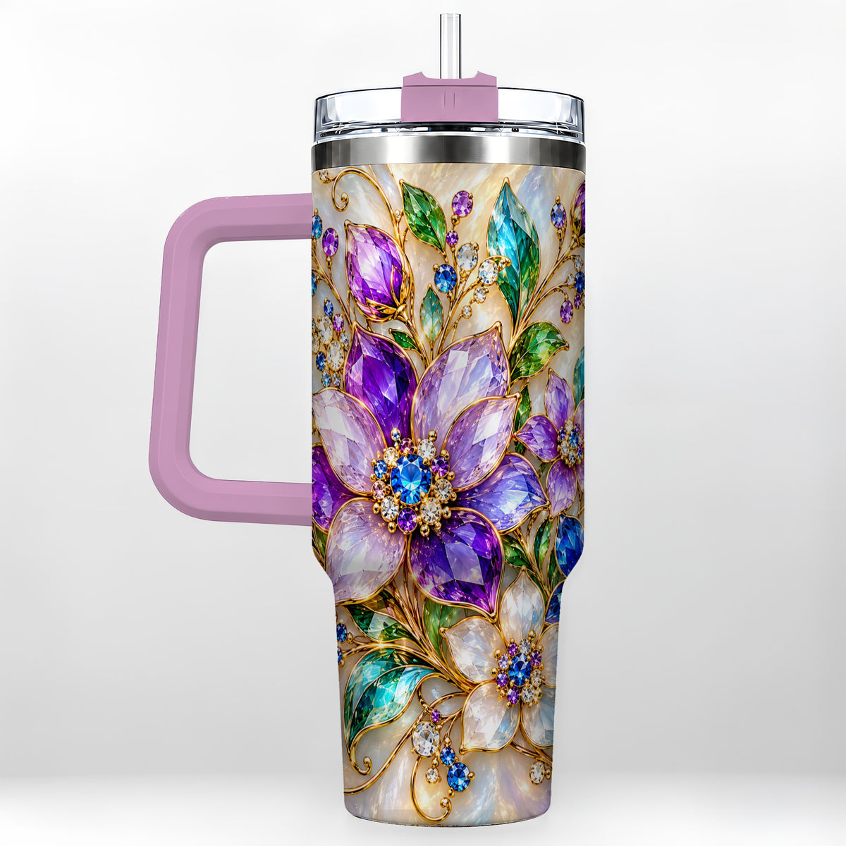 #pl[40oz|Pink] Gemstone Floral 40oz Tumbler with Handle, Jeweled Flower Travel Cup
