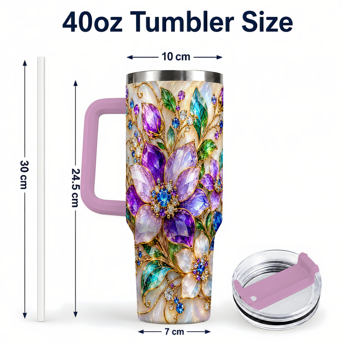 #pl[40oz|Pink] Gemstone Floral 40oz Tumbler with Handle, Jeweled Flower Travel Cup