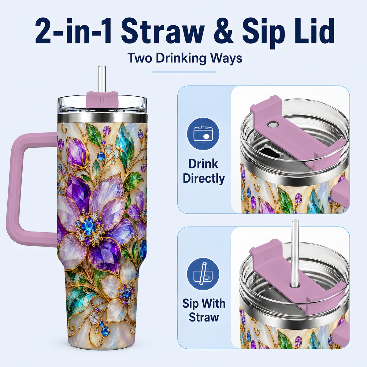 #pl[40oz|Pink] Gemstone Floral 40oz Tumbler with Handle, Jeweled Flower Travel Cup