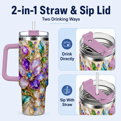 #pl[40oz|Pink] Gemstone Floral 40oz Tumbler with Handle, Jeweled Flower Travel Cup