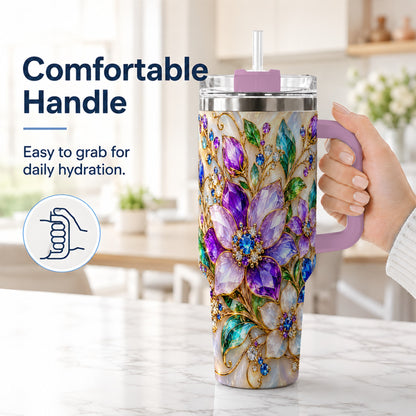 #pl[40oz|Pink] Gemstone Floral 40oz Tumbler with Handle, Jeweled Flower Travel Cup