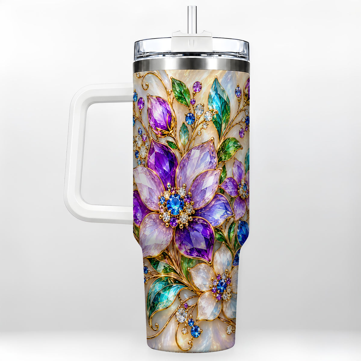 Gemstone Floral 40oz Tumbler with Handle, Jeweled Flower Travel Cup