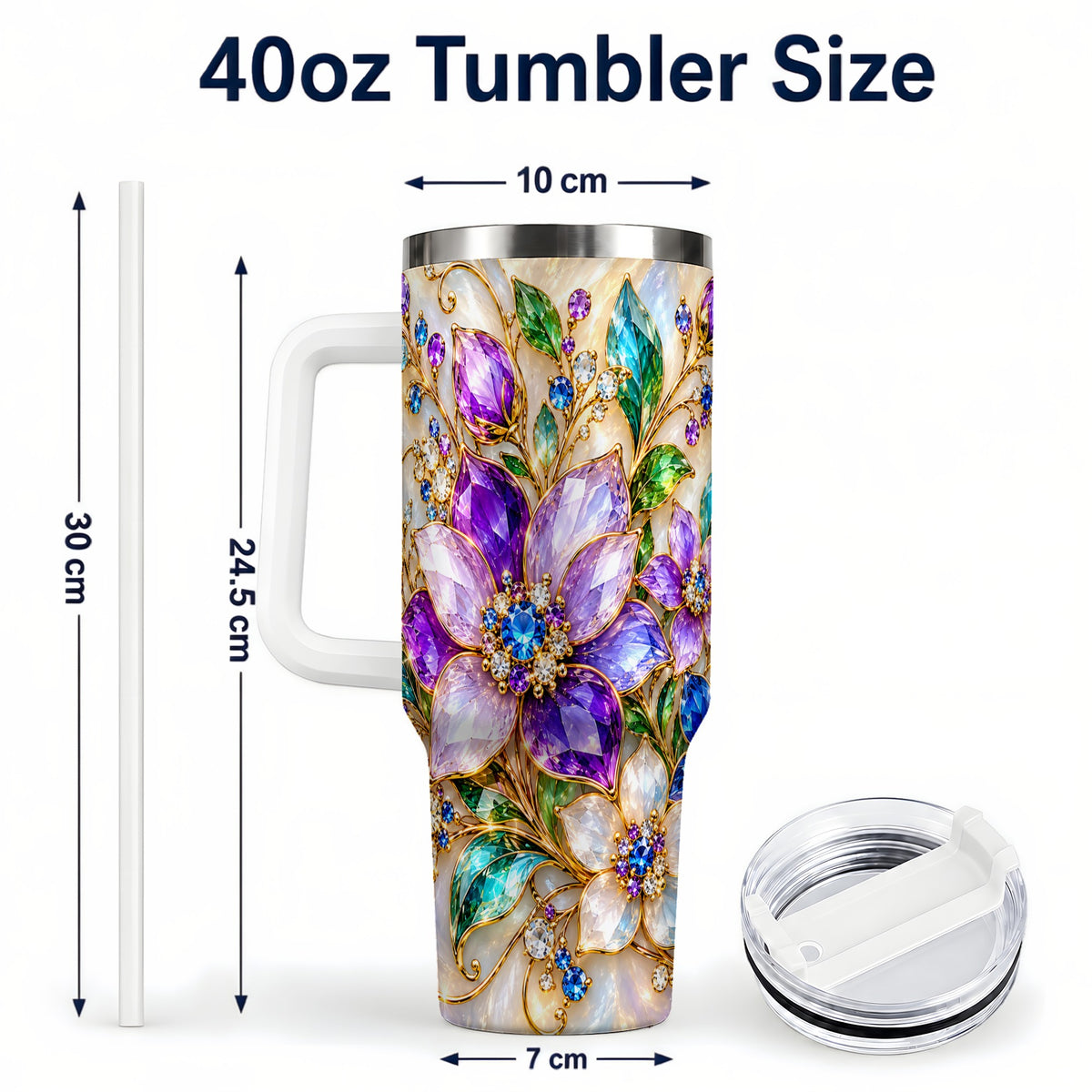 #pl[40oz|White] Gemstone Floral 40oz Tumbler with Handle, Jeweled Flower Travel Cup