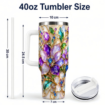 #pl[40oz|White] Gemstone Floral 40oz Tumbler with Handle, Jeweled Flower Travel Cup