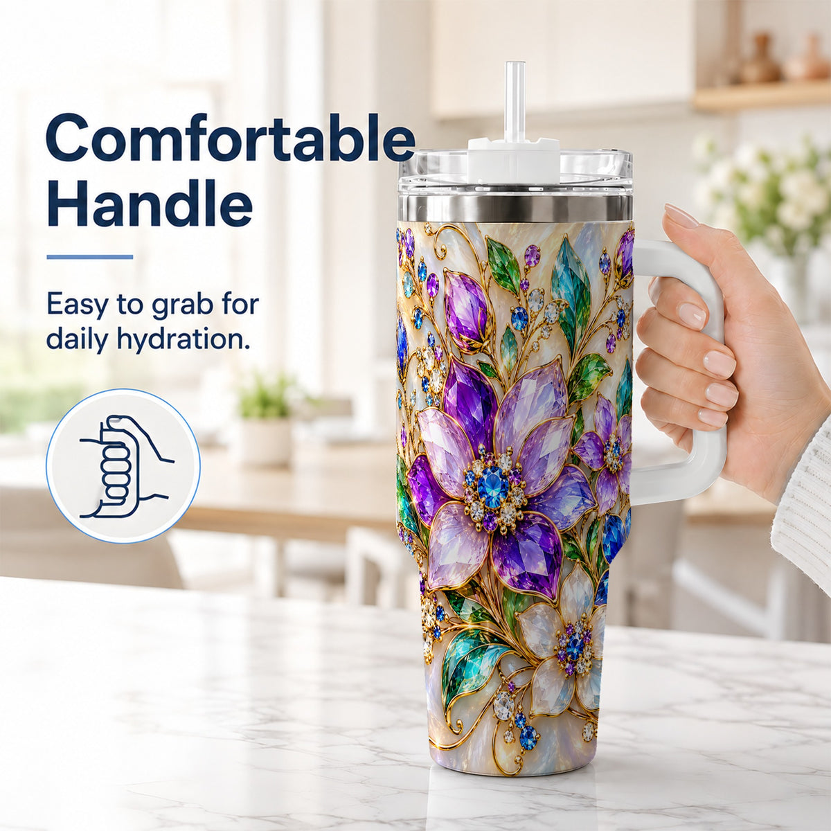 #pl[40oz|White] Gemstone Floral 40oz Tumbler with Handle, Jeweled Flower Travel Cup