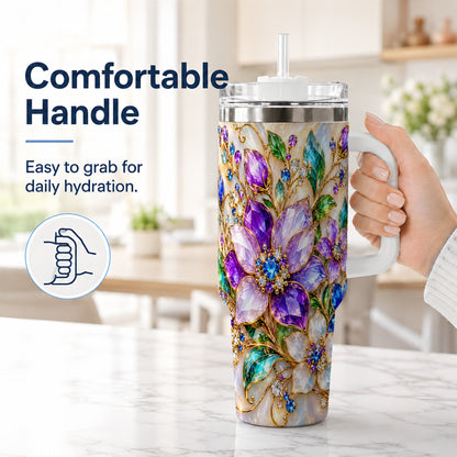 #pl[40oz|White] Gemstone Floral 40oz Tumbler with Handle, Jeweled Flower Travel Cup