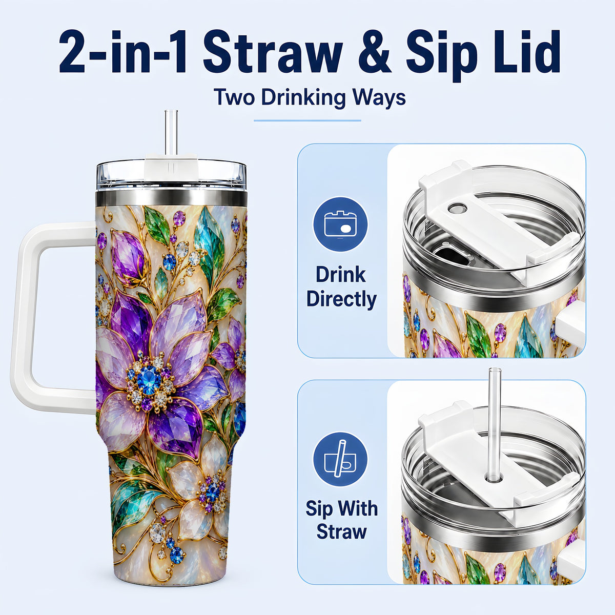 #pl[40oz|White] Gemstone Floral 40oz Tumbler with Handle, Jeweled Flower Travel Cup