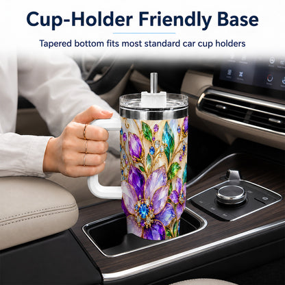 Gemstone Floral 40oz Tumbler with Handle, Jeweled Flower Travel Cup