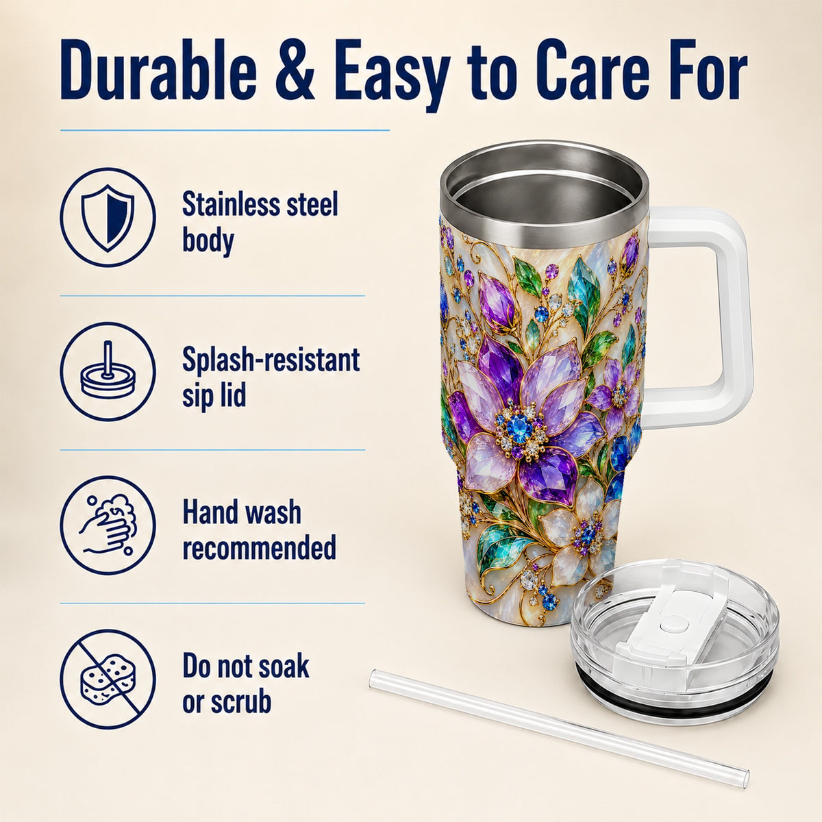 Gemstone Floral 40oz Tumbler with Handle, Jeweled Flower Travel Cup