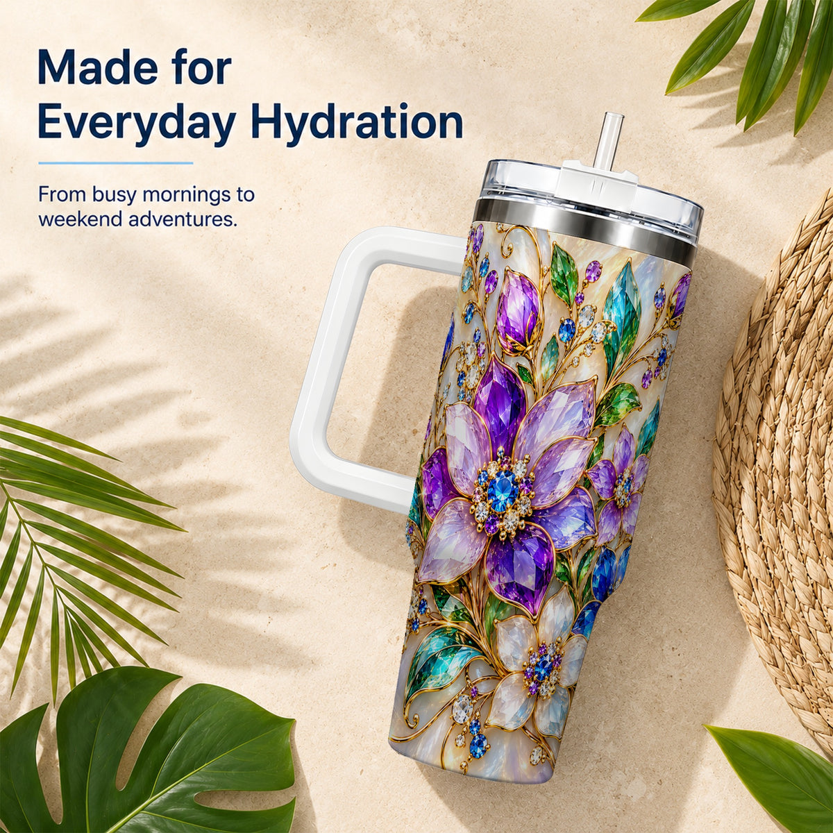 Gemstone Floral 40oz Tumbler with Handle, Jeweled Flower Travel Cup