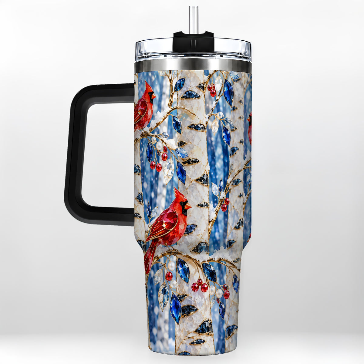 #pl[40oz|Black] Winter Cardinal 40oz Tumbler with Handle, Birch Forest Travel Cup
