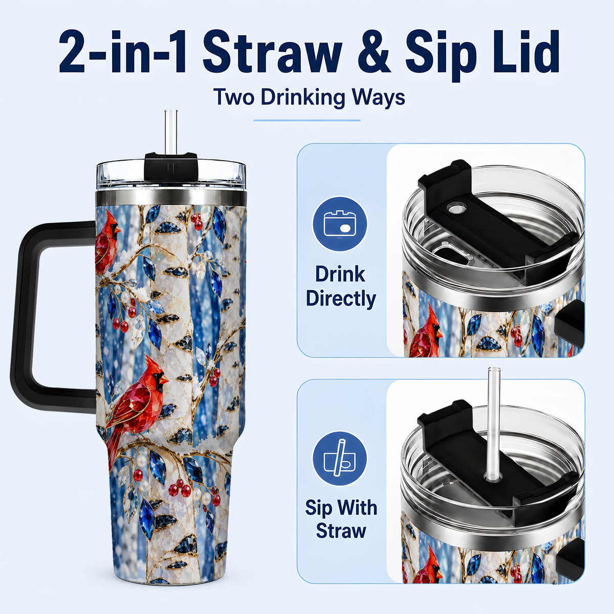#pl[40oz|Black] Winter Cardinal 40oz Tumbler with Handle, Birch Forest Travel Cup