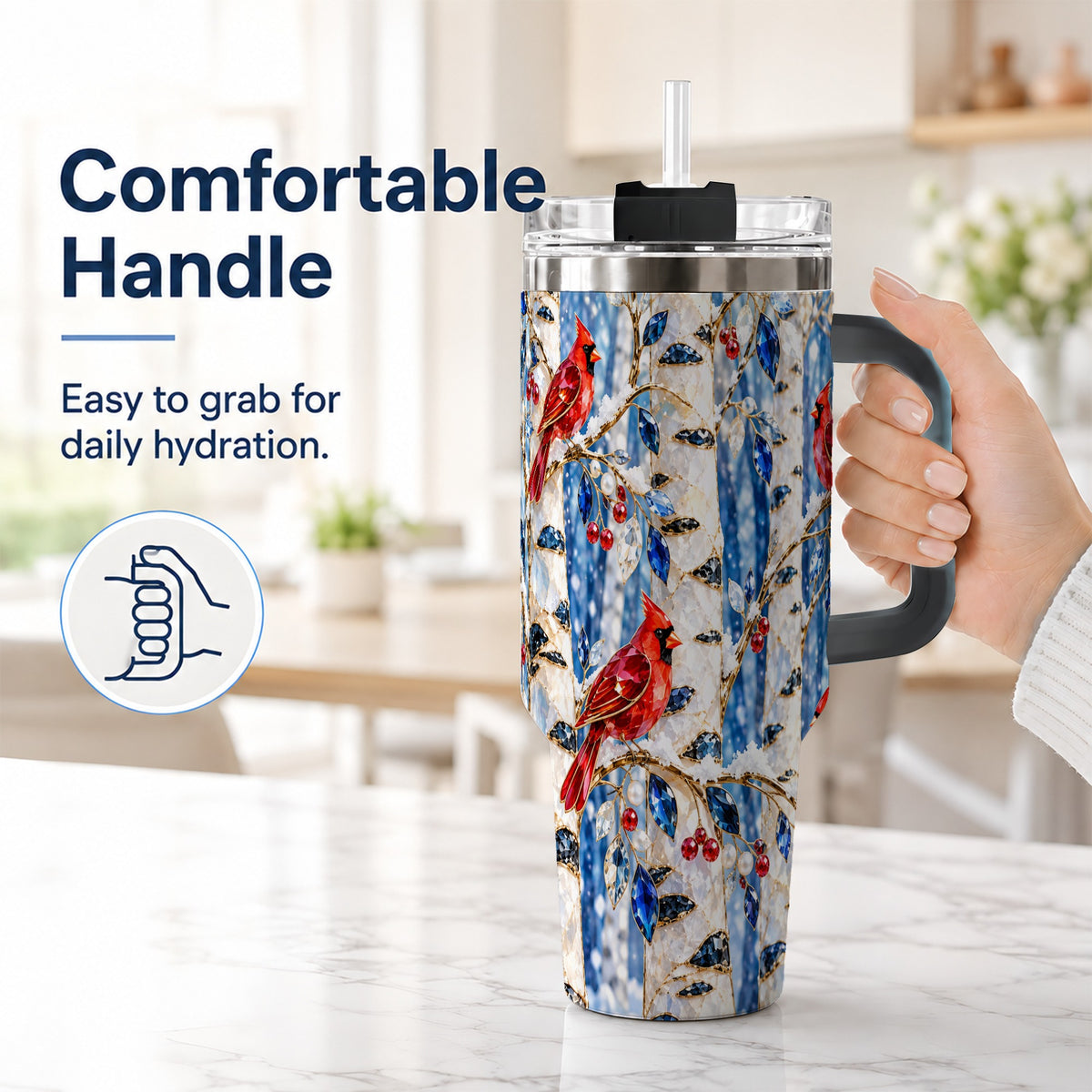#pl[40oz|Black] Winter Cardinal 40oz Tumbler with Handle, Birch Forest Travel Cup
