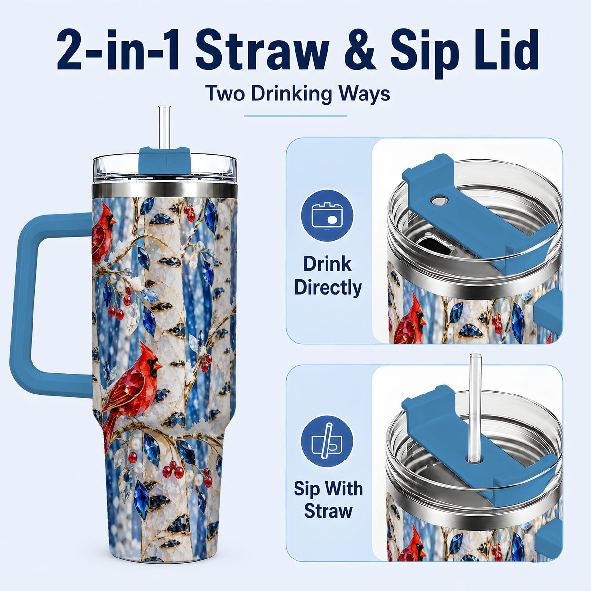 #pl[40oz|Blue] Winter Cardinal 40oz Tumbler with Handle, Birch Forest Travel Cup