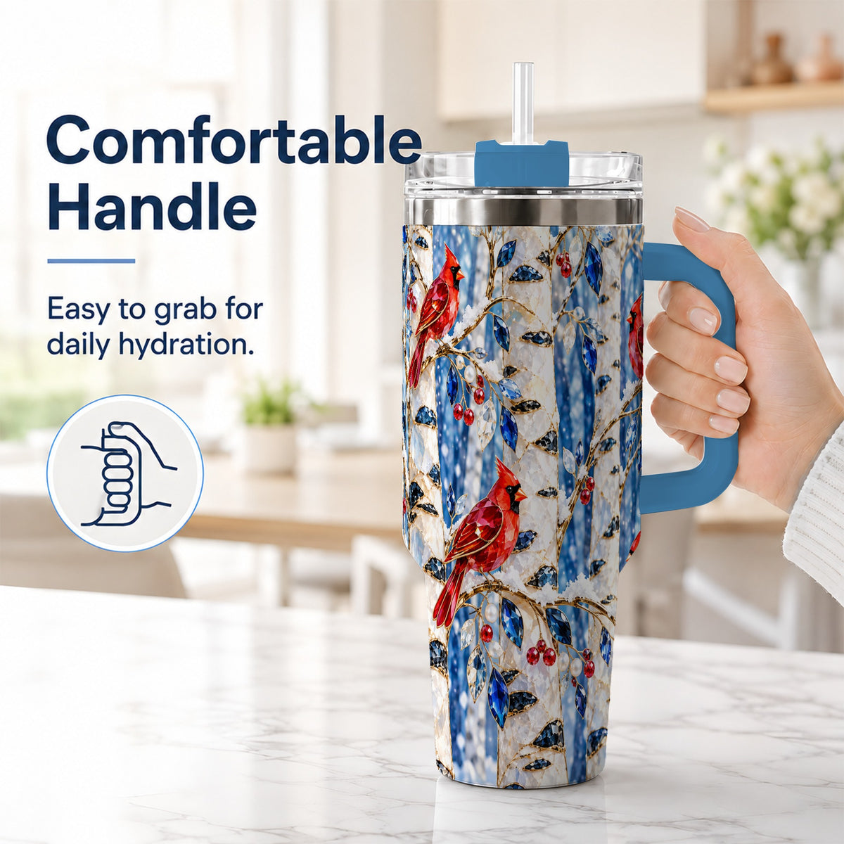 #pl[40oz|Blue] Winter Cardinal 40oz Tumbler with Handle, Birch Forest Travel Cup