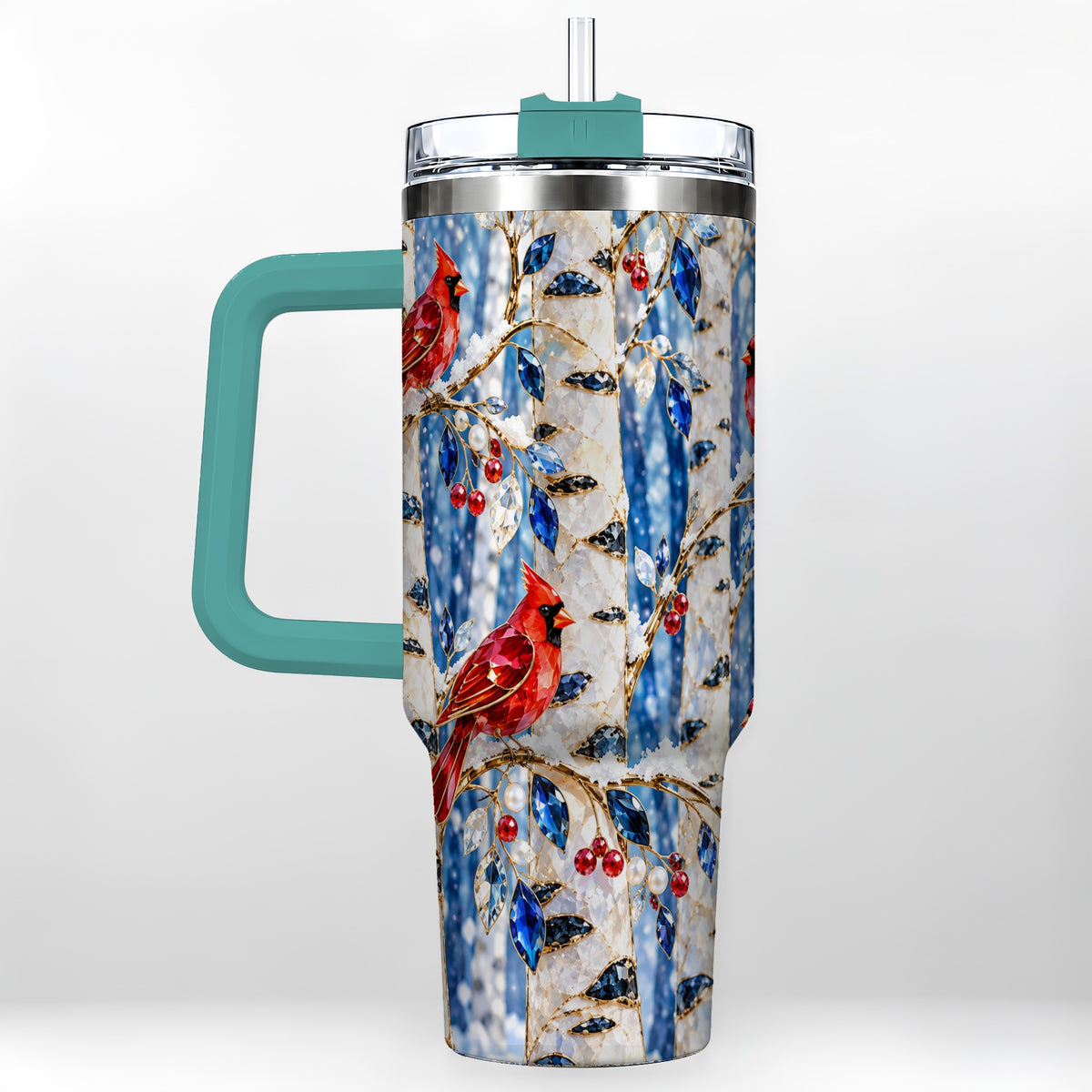 #pl[40oz|Green] Winter Cardinal 40oz Tumbler with Handle, Birch Forest Travel Cup
