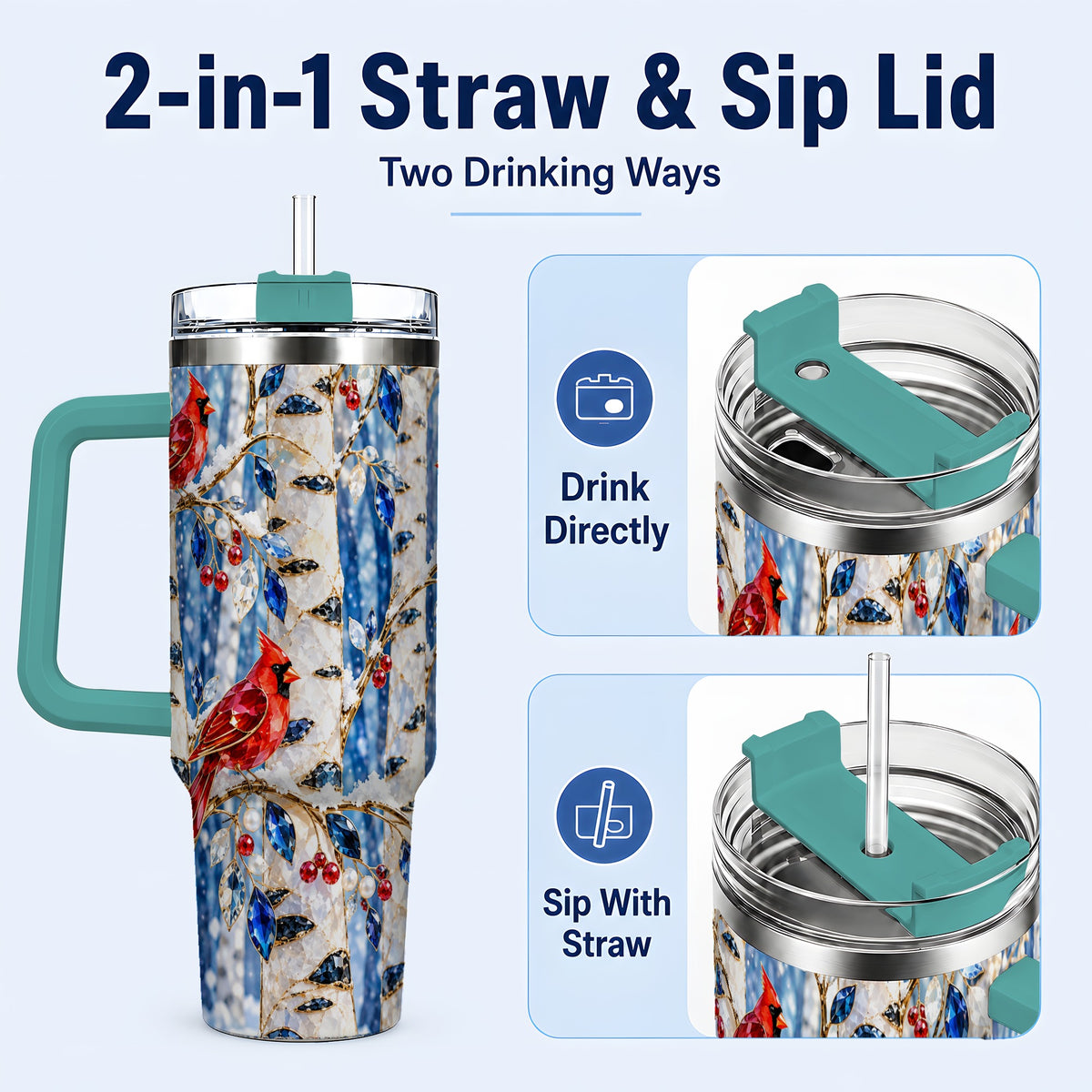 #pl[40oz|Green] Winter Cardinal 40oz Tumbler with Handle, Birch Forest Travel Cup