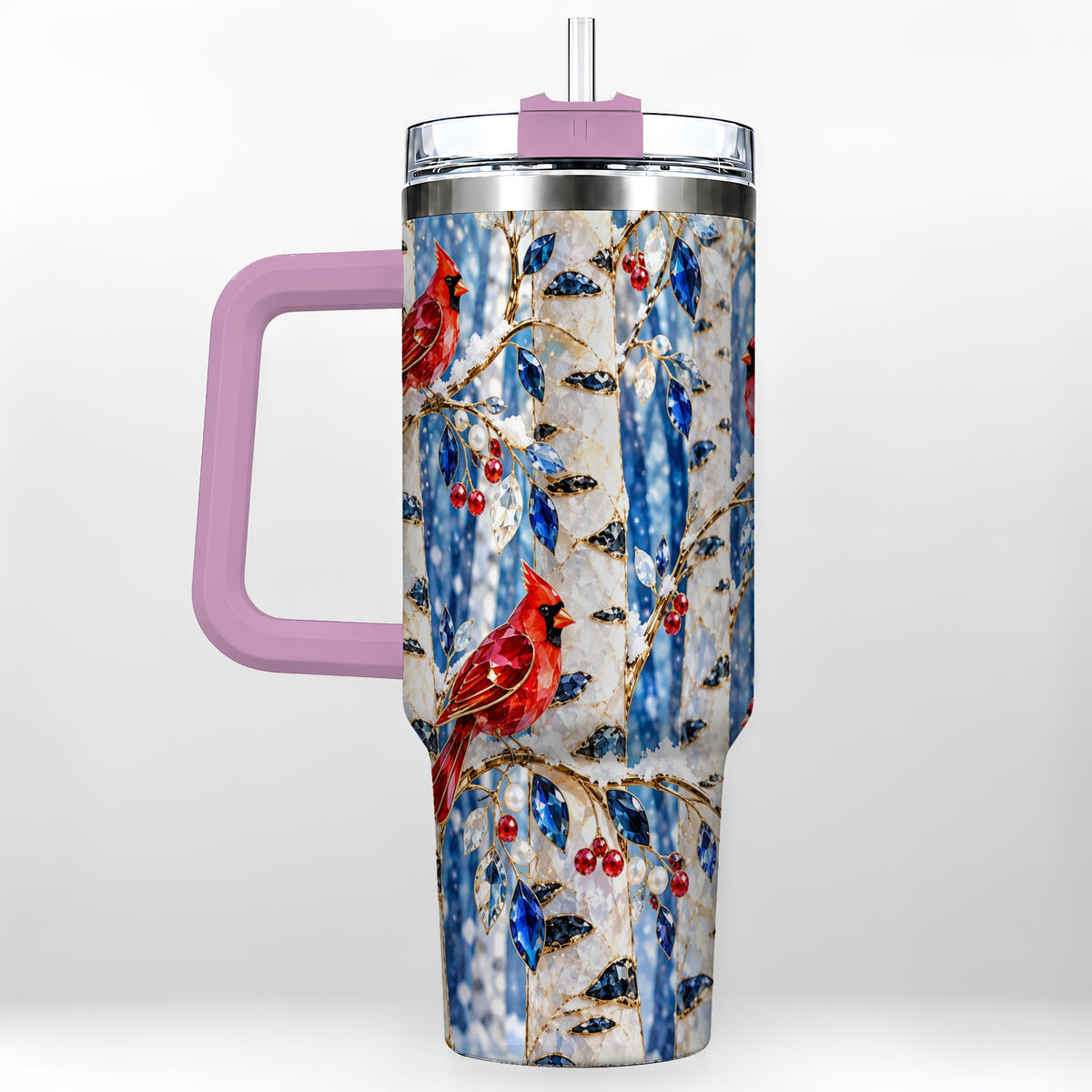 #pl[40oz|Pink] Winter Cardinal 40oz Tumbler with Handle, Birch Forest Travel Cup