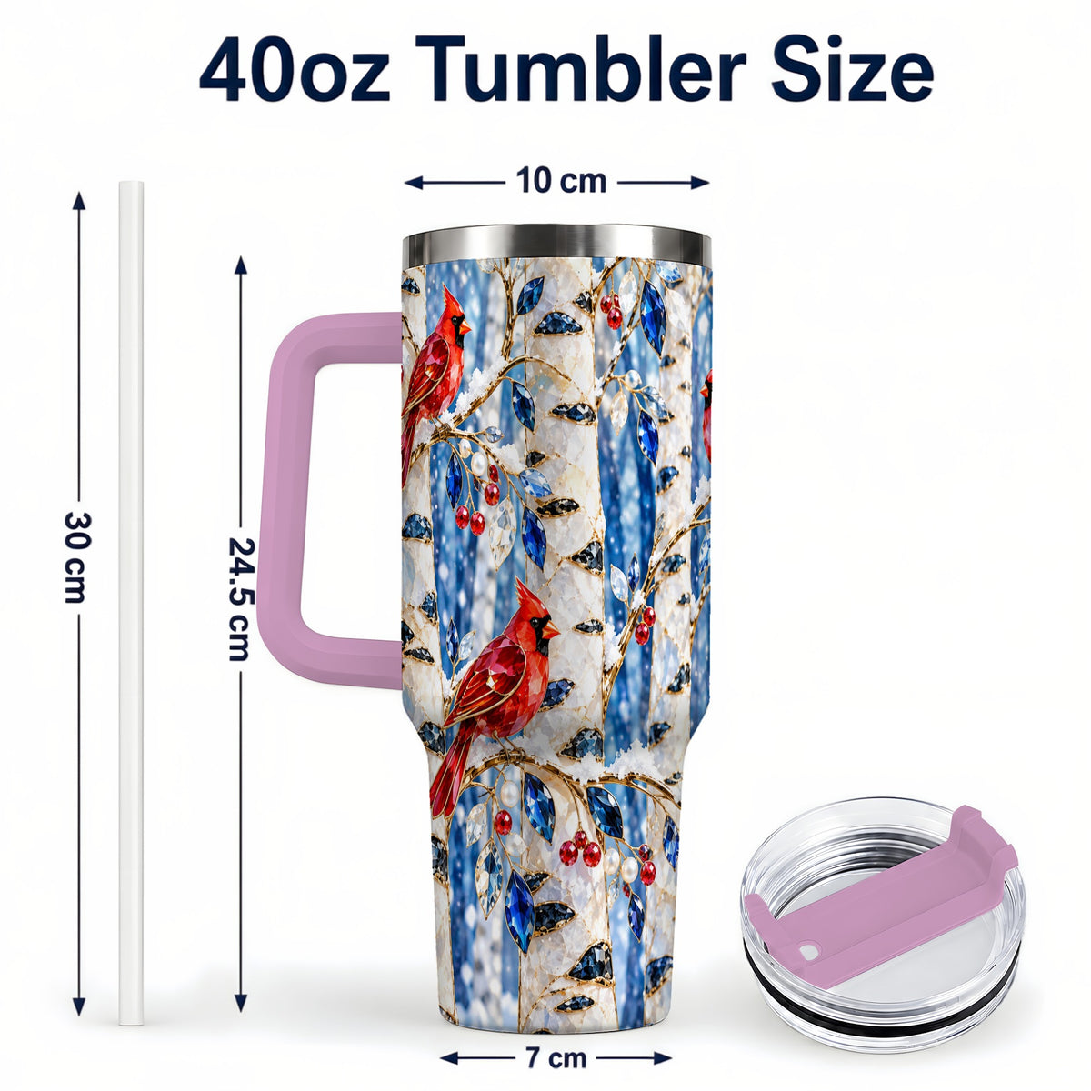 #pl[40oz|Pink] Winter Cardinal 40oz Tumbler with Handle, Birch Forest Travel Cup