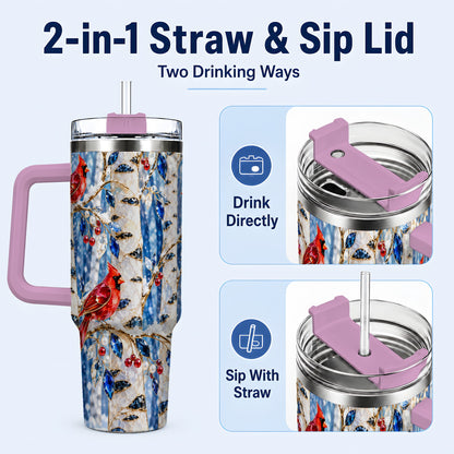 #pl[40oz|Pink] Winter Cardinal 40oz Tumbler with Handle, Birch Forest Travel Cup