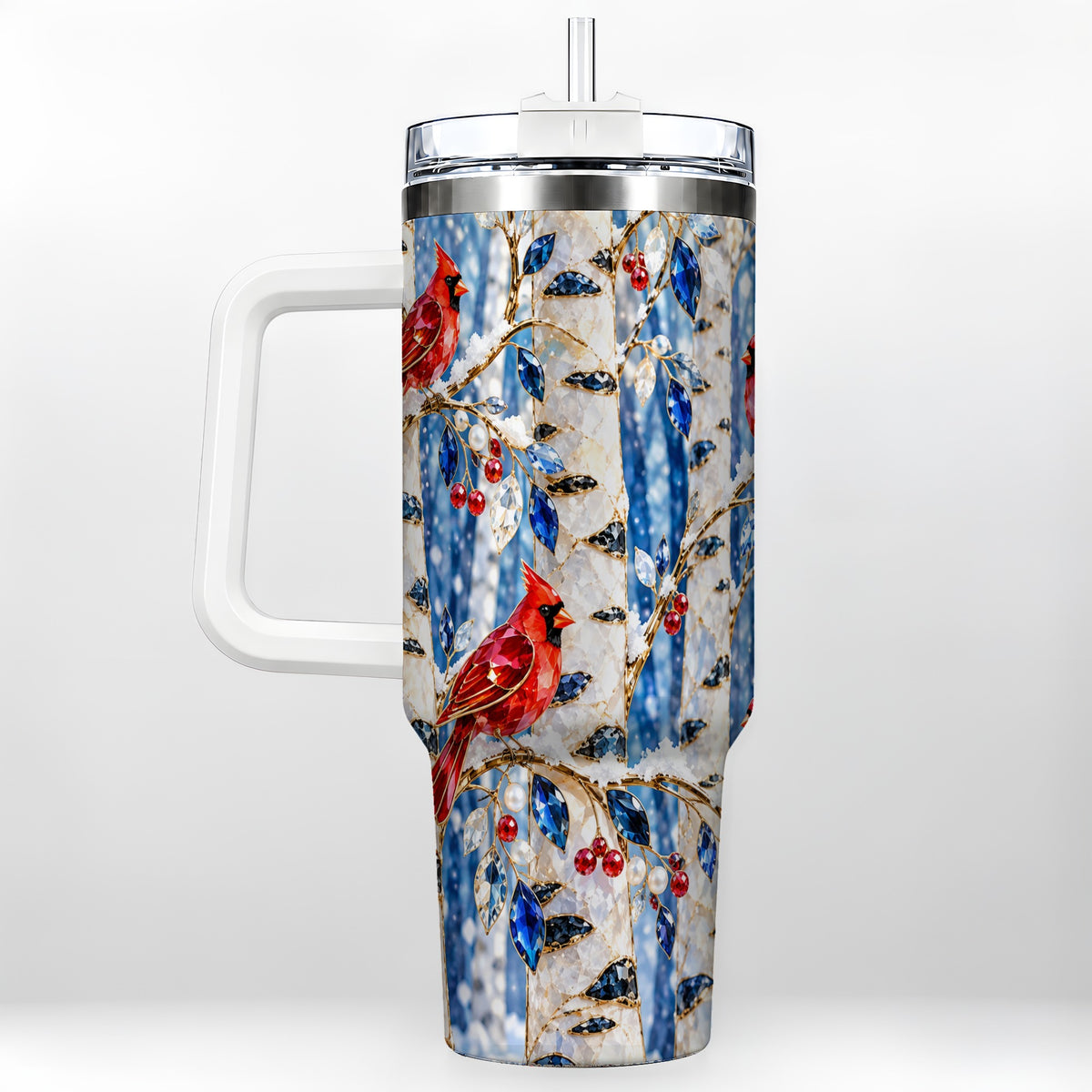 Winter Cardinal 40oz Tumbler with Handle, Birch Forest Travel Cup