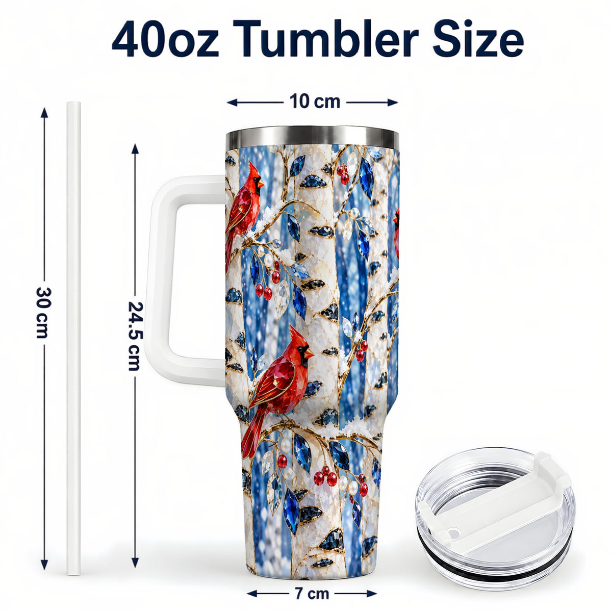 #pl[40oz|White] Winter Cardinal 40oz Tumbler with Handle, Birch Forest Travel Cup