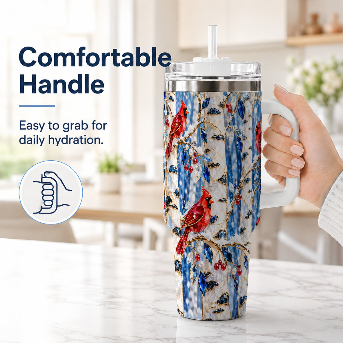 #pl[40oz|White] Winter Cardinal 40oz Tumbler with Handle, Birch Forest Travel Cup