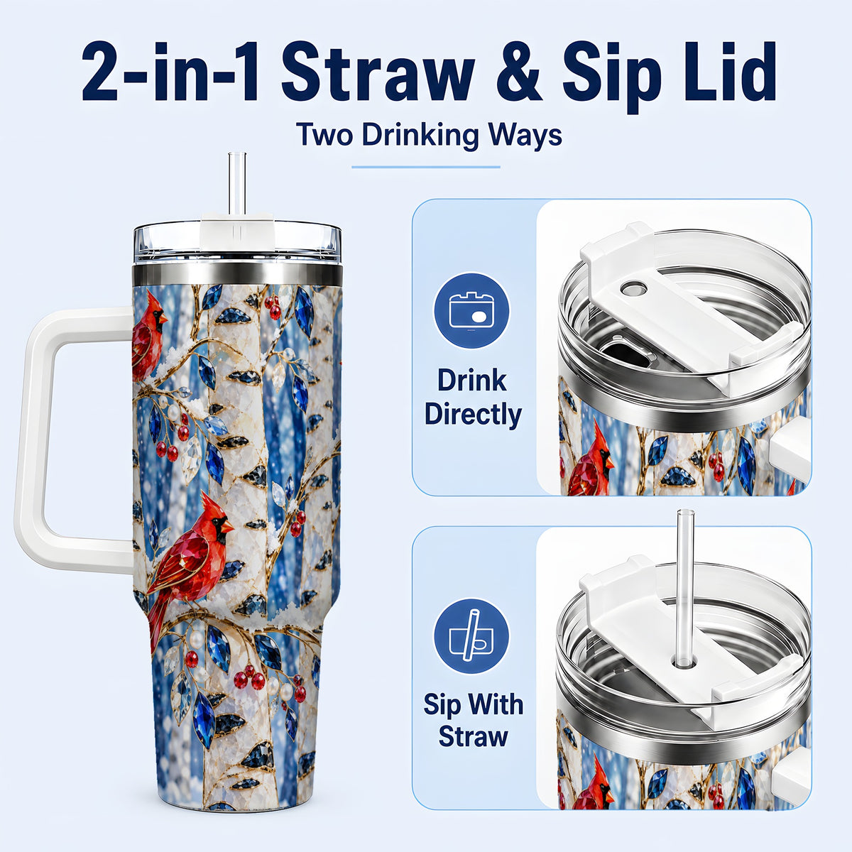 #pl[40oz|White] Winter Cardinal 40oz Tumbler with Handle, Birch Forest Travel Cup