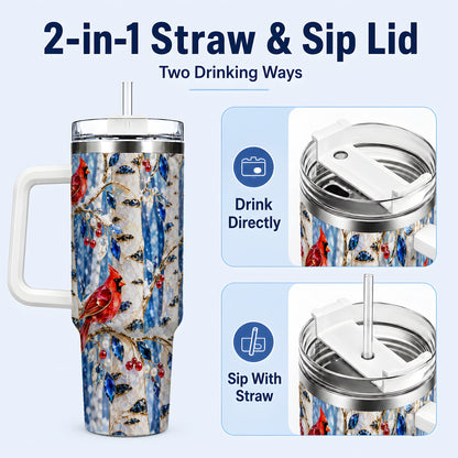#pl[40oz|White] Winter Cardinal 40oz Tumbler with Handle, Birch Forest Travel Cup
