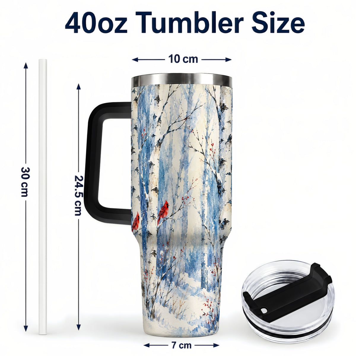 #pl[40oz|Black] Watercolor Cardinal 40oz Tumbler with Handle, Winter Birch Travel Cup